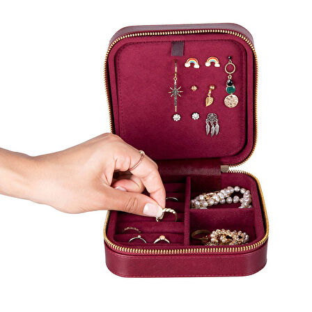 Gerçek Deri Seyahat Boy Takı Organizer Kutusu, Mücevher Aksesuar Çantası, Küpe Kolye Yüzük Düzenleyici