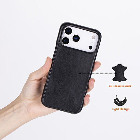 Apple iPhone 17 Pro Max için, Hakiki Deri, El Yapımı Kılıf, Magsafe ile uyumlu, İç Yüzeyi Kadife, Kömür Siyah