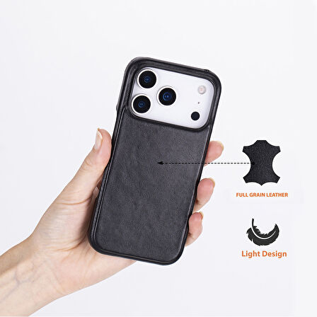 Apple iPhone 17 Pro için, Hakiki Deri, El Yapımı Kılıf, Magsafe ile uyumlu, İç Yüzeyi Kadife, Kömür Siyah