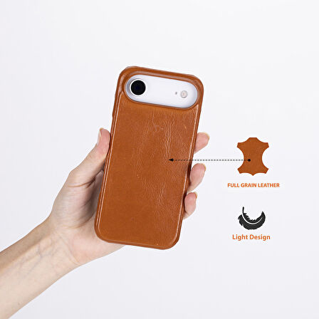 Apple iPhone 17 Air için, Hakiki Deri, El Yapımı Kılıf, Magsafe ile uyumlu, İç Yüzeyi Kadife, Gölgeli Taba