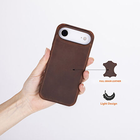 Apple iPhone 17 Air için, Hakiki Deri, El Yapımı Kılıf, Magsafe ile uyumlu, İç Yüzeyi Kadife,Antik Kahve