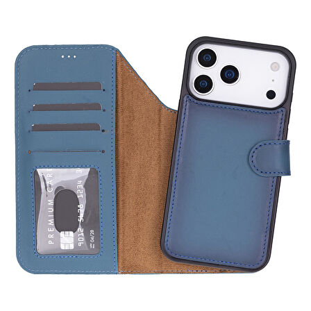 Apple iPhone 17 Pro için, Hakiki Deri, El Yapımı Cüzdanlı Kılıf, Magsafe ile uyumlu, İç Yüzeyi Kadife, Gölgeli Mavi