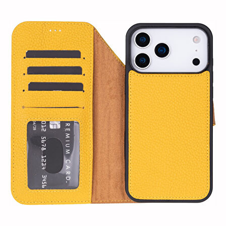 Apple iPhone 17 Pro için, Hakiki Deri, El Yapımı Cüzdanlı Kılıf, Magsafe ile uyumlu, İç Yüzeyi Kadife, Limon Sarı