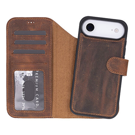 Apple iPhone 17 Air için, Hakiki Deri, El Yapımı Cüzdanlı Kılıf, Magsafe ile uyumlu, İç Yüzeyi Kadife, Antik Kahve
