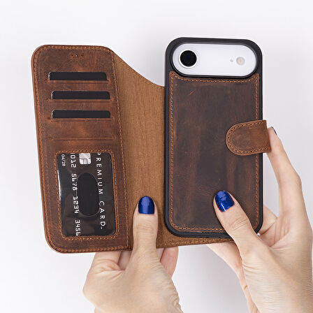 Apple iPhone 17 Air için, Hakiki Deri, El Yapımı Cüzdanlı Kılıf, Magsafe ile uyumlu, İç Yüzeyi Kadife, Antik Kahve