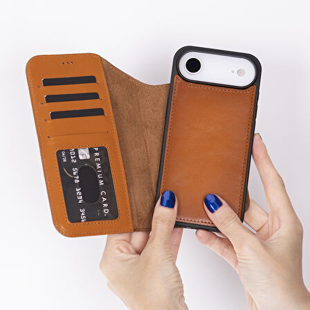 Apple iPhone 17 Air için, Hakiki Deri, El Yapımı Cüzdanlı Kılıf, Magsafe ile uyumlu, İç Yüzeyi Kadife, Gölgeli Taba