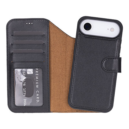 Apple iPhone 17 Air için, Hakiki Deri, El Yapımı Cüzdanlı Kılıf, Magsafe ile uyumlu, İç Yüzeyi Kadife, Siyah