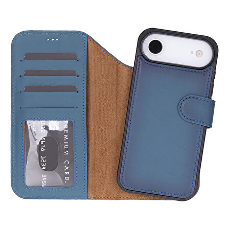 Apple iPhone 17 Air için, Hakiki Deri, El Yapımı Cüzdanlı Kılıf, Magsafe ile uyumlu, İç Yüzeyi Kadife, Gölgeli Mavi