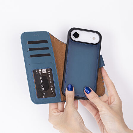 Apple iPhone 17 Air için, Hakiki Deri, El Yapımı Cüzdanlı Kılıf, Magsafe ile uyumlu, İç Yüzeyi Kadife, Gölgeli Mavi