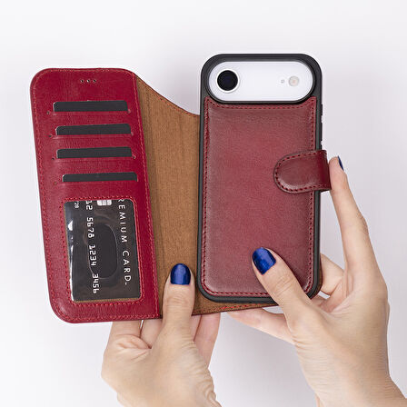 Apple iPhone 17 Air için, Hakiki Deri, El Yapımı Cüzdanlı Kılıf, Magsafe ile uyumlu, İç Yüzeyi Kadife, Kırmızı