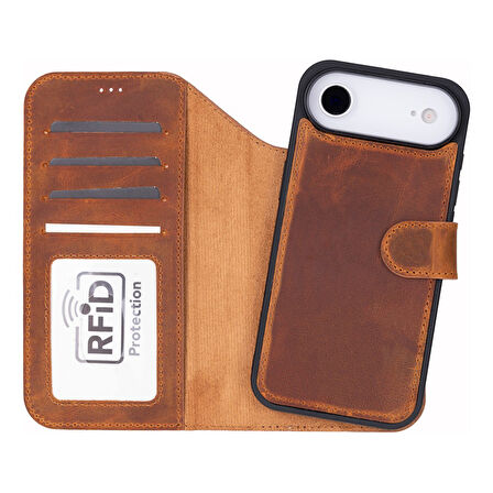 Apple iPhone 17 Air için, Hakiki Deri, El Yapımı Cüzdanlı Kılıf, Magsafe ile uyumlu, İç Yüzeyi Kadife, Karamel