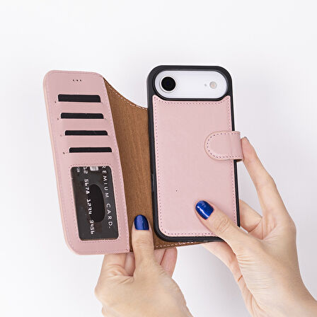 Apple iPhone 17 Air için, Hakiki Deri, El Yapımı Cüzdanlı Kılıf, Magsafe ile uyumlu, İç Yüzeyi Kadife, Pembe