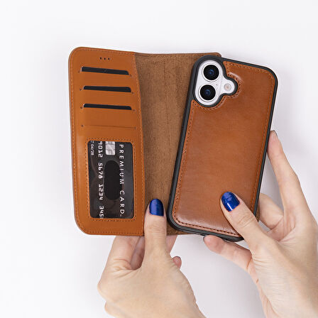 Apple iPhone 17 için, Hakiki Deri, El Yapımı Cüzdanlı Kılıf, Magsafe ile uyumlu, İç Yüzeyi Kadife, Gölgeli Taba