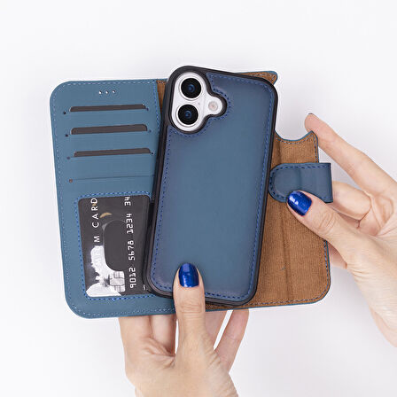 Apple iPhone 17 için, Hakiki Deri, El Yapımı Cüzdanlı Kılıf, Magsafe ile uyumlu, İç Yüzeyi Kadife, Gölgeli Mavi