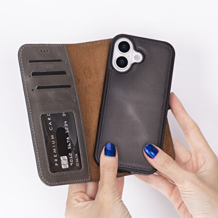 Apple iPhone 17 için, Hakiki Deri, El Yapımı Cüzdanlı Kılıf, Magsafe ile uyumlu, İç Yüzeyi Kadife, Duman Gri