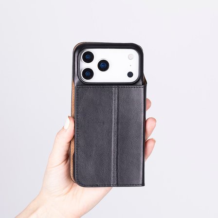 Apple iPhone 17 Pro için, Hakiki Deri, El Yapımı, Cüzdanlı Slim Kılıf, Mag safe ile uyumlu, İç Yüzeyi Kadife, Siyah