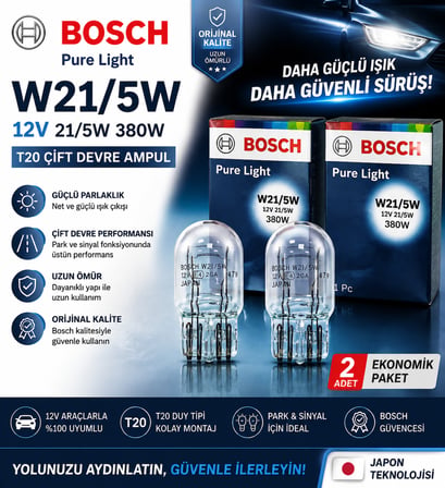 Bosch Pure Light W21/5W T20 12V 21/5W Çift Devre Ampul Park Stop Fren Sinyal Ampulü 2 Adet