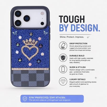 Vissel iPhone 17 Pro Uyumlu Taşlı Kalp Detaylı Kılıf – Parlak Taşlı, Darbe Emici Koruma, Şık & Trend Telefon Kılıfı, Mavi