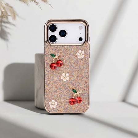 Freya iPhone 17 Pro Uyumlu Taşlı Kılıf – Gold Çerçeveli, Kiraz Detaylı, Darbe Korumalı Şeffaf Lüks Telefon Kılıfı
