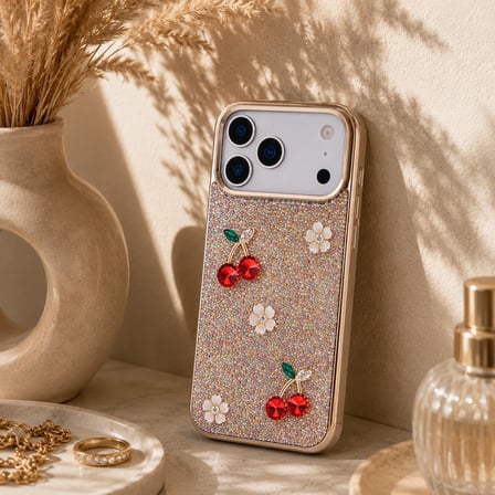 Freya iPhone 17 Pro Uyumlu Taşlı Kılıf – Gold Çerçeveli, Kiraz Detaylı, Darbe Korumalı Şeffaf Lüks Telefon Kılıfı