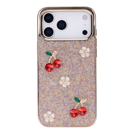 Freya iPhone 17 Pro Uyumlu Taşlı Kılıf – Gold Çerçeveli, Kiraz Detaylı, Darbe Korumalı Şeffaf Lüks Telefon Kılıfı