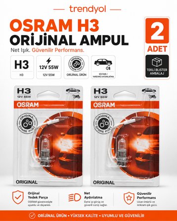 OSRAM H3 12V 55W Orijinal Halojen Ampul Sis Farı ve Yardımcı Aydınlatma 2 Adet