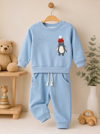 Penguen Baskılı 2'li Erkek Çocuk Takımı – Sweatshirt ve Jogger Alt | Günlük Bebek Eşofman Takımı