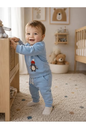 Penguen Baskılı 2'li Erkek Çocuk Takımı – Sweatshirt ve Jogger Alt | Günlük Bebek Eşofman Takımı