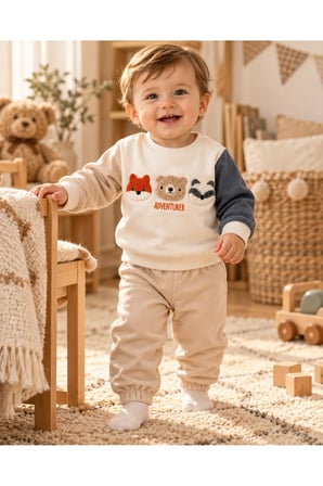 Hayvan Figürlü Erkek Bebek 2’li Sweatshirt Eşofman Takımı