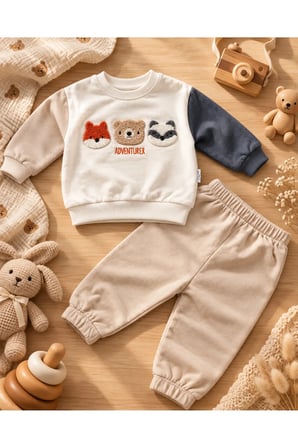 Hayvan Figürlü Erkek Bebek 2’li Sweatshirt Eşofman Takımı