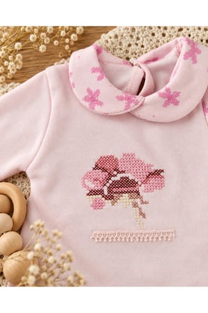 Kız Bebek Pembe 2'li Takım – Bebe Yaka, Çiçek Kanaviçe İşlemeli