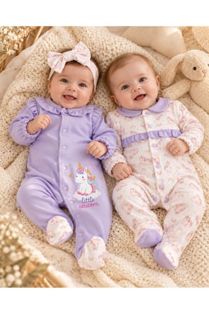 Kız Bebek Unicorn Desenli 3'lü Tulum Seti – Lila ve Ekru Çıtçıtlı Patikli 2 Tulum ve Fiyonklu Bandana