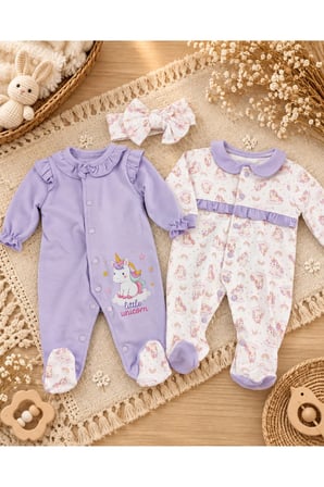 Kız Bebek Unicorn Desenli 3'lü Tulum Seti – Lila ve Ekru Çıtçıtlı Patikli 2 Tulum ve Fiyonklu Bandana