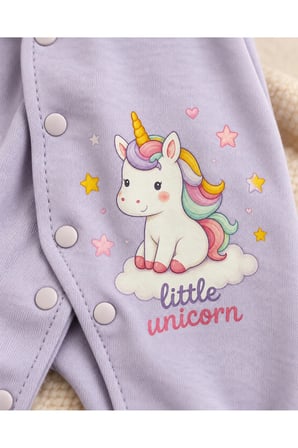 Kız Bebek Unicorn Desenli 3'lü Tulum Seti – Lila ve Ekru Çıtçıtlı Patikli 2 Tulum ve Fiyonklu Bandana