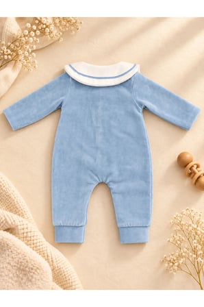 Bebek Mavi Kadife Tulum Denizci Yaka Fiyonk Detaylı