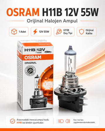 OSRAM H11B 12V 55W Orijinal Halojen Ampul Tekli Far Sis Ampulü