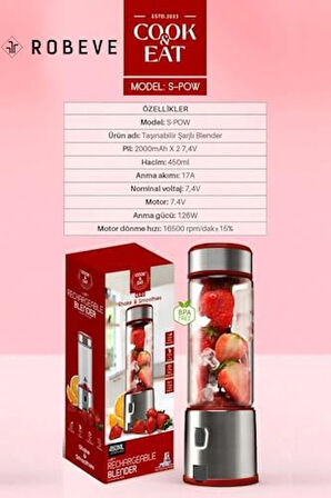 Cook&Eat Şarjlı Blender 450 ML Paslanmaz Blender Buz Kırıcılı Blender Buz Kırıcılı Smoothie Blender S-Pow Taşınabilir Şarjlı Smoothie Blender Şarj Edilebilir Blender