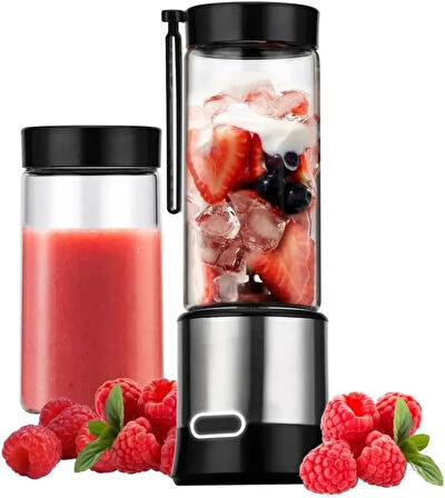 2 li Taşınabilir 450ML + 380ML Bardaklı Buz Kırabilen Paslanmaz Şarjlı Blender, Smoothie, Spor Fitness Protein Tozu Shake, Bebek Maması İçin Uygun
