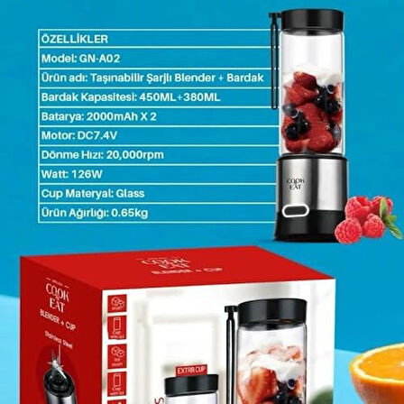 2 li Taşınabilir 450ML + 380ML Bardaklı Buz Kırabilen Paslanmaz Şarjlı Blender, Smoothie, Spor Fitness Protein Tozu Shake, Bebek Maması İçin Uygun