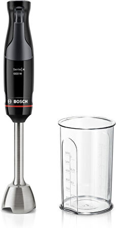 El mikseri ErgoMaster Seri 4, 1000 Watt, paslanmaz çelik karıştırma çubuğu, karıştırma/ölçüm kabı, siyah