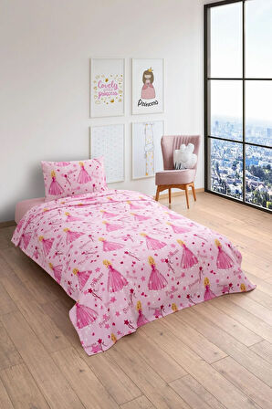Gofret Detaylı Prenses Baskılı Çocuk-Genç Odası Tek Kişilik Pike 160x230 cm (1 Adet Yastık Kılıflı)