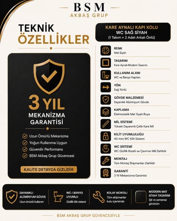 BSM Akbaş Grup Kare Aynalı WC Banyo Kapı Kolu Sağ Açılım Mat Siyah Alüminyum Kol Takımı
