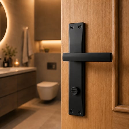 BSM Akbaş Grup Kare Aynalı WC Banyo Kapı Kolu Sol Açılım Mat Siyah Alüminyum Kol Takımı