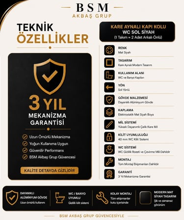 BSM Akbaş Grup Kare Aynalı WC Banyo Kapı Kolu Sol Açılım Mat Siyah Alüminyum Kol Takımı