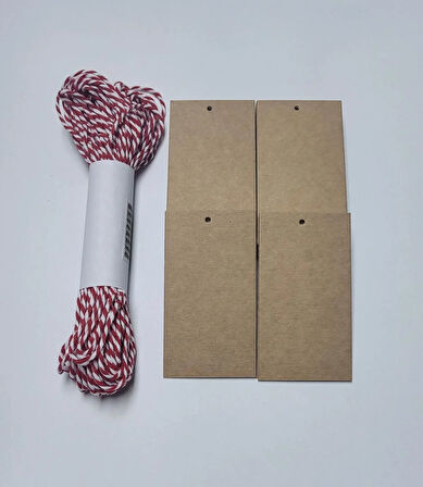 5X9 CM KRAFT ETİKET KARTONU 50 ADET - KIRMIZI BEYAZ 20 METRE AMBALAJ İPİ