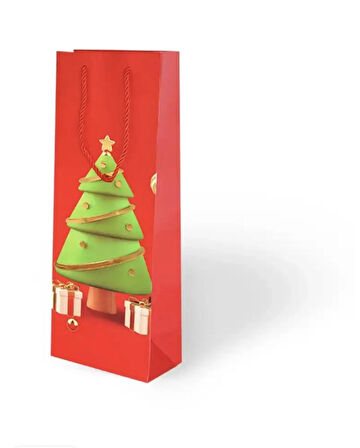 YILBAŞI VARAK BASKILI LÜKS İPLİ KARTON ÇANTA - NOEL - KIRMIZI - 12x35x9 CM - 1 ADET - Ç045