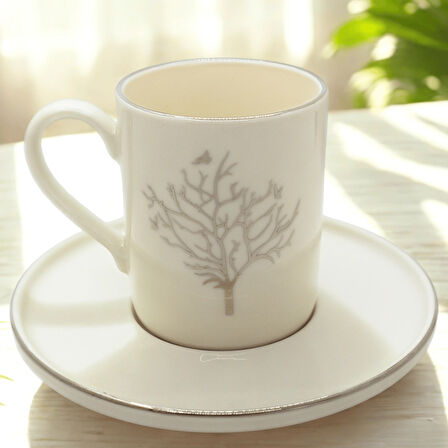 Gümüş Hayat Ağacı Desenli 6 Kişilik Porselen Kahve Fincan Takımı
