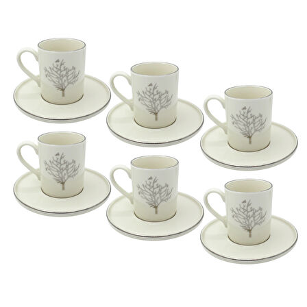 Gümüş Hayat Ağacı Desenli 6 Kişilik Porselen Kahve Fincan Takımı