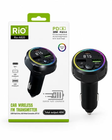 Rio Tech Araç FM Vericisi Bluetooth 5.0 Type-C QC3.0 Hızlı Şarj 48W Çift USB