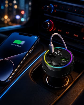 Rio Tech Araç FM Vericisi Bluetooth 5.0 Type-C QC3.0 Hızlı Şarj 48W Çift USB